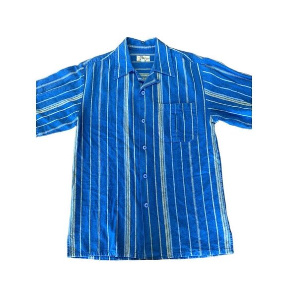 Smokey Joe’s Linen Blend Blue Yellow Stripes Button Down Medium 80s - Picture 2 of 11